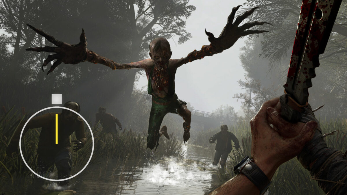 A Zombie jumping in the direction of a man.