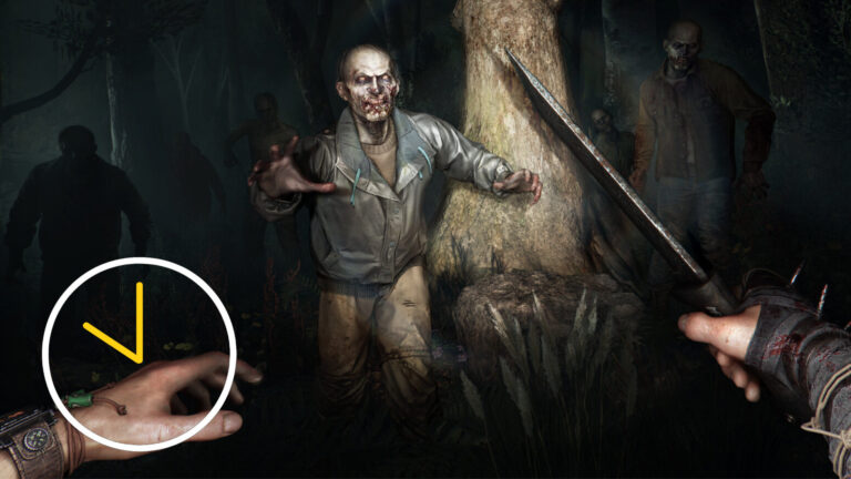 A man charges at a zombie in the forest with a machete.