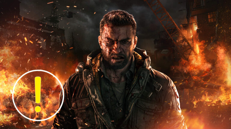 Der Protagonist von Dying Light: The Beast steht vor einem Feuer mit grimmigem Gesicht.