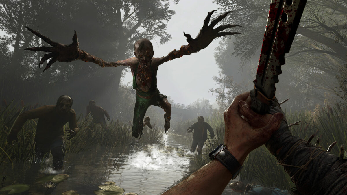 Mehrere Zombies rennen und springen auf eine Person mit Waffe zu.