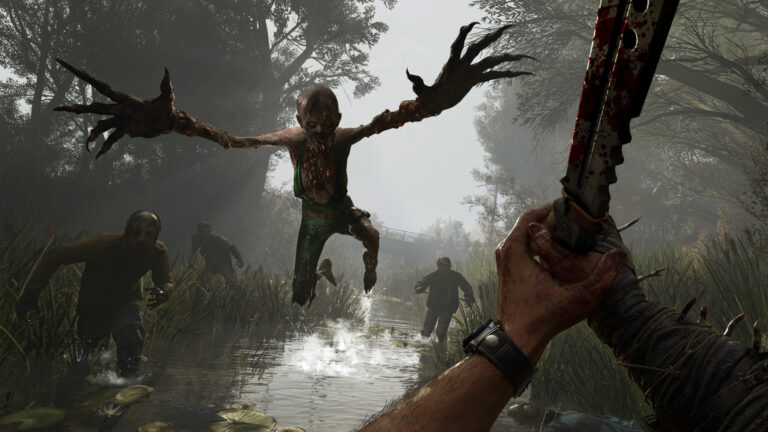 Mehrere Zombies rennen und springen auf eine Person mit Waffe zu.