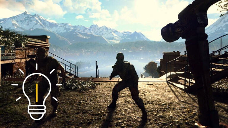 First-person view: A man fends off two masked soldiers with a hammer against a mountain backdrop.