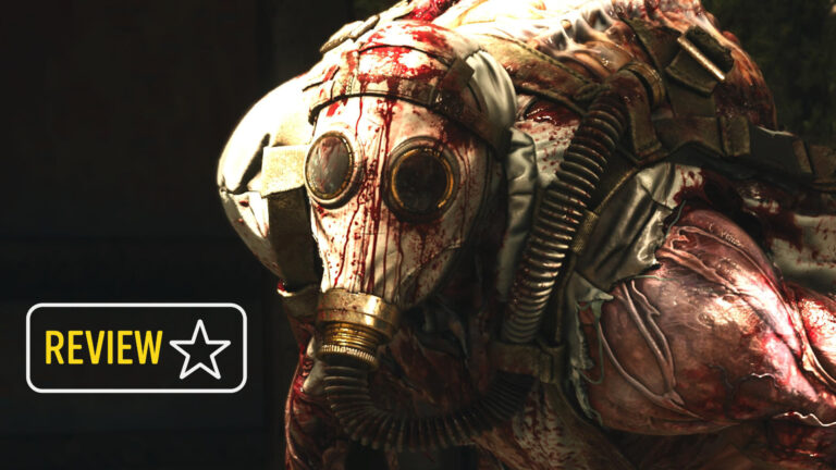 Ein mutierter Soldat mit extremen Muskeln, einer Gasmaske und Blutflecken am ganzen Körper.