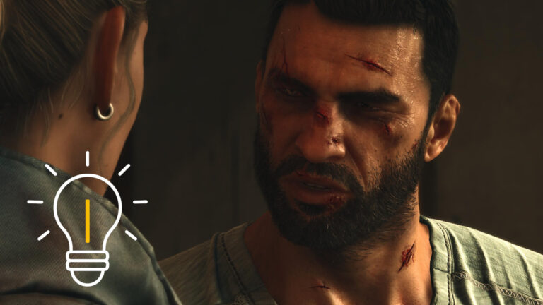 A man with a three-day beard and bleeding cuts on his face glares angrily at a woman.
