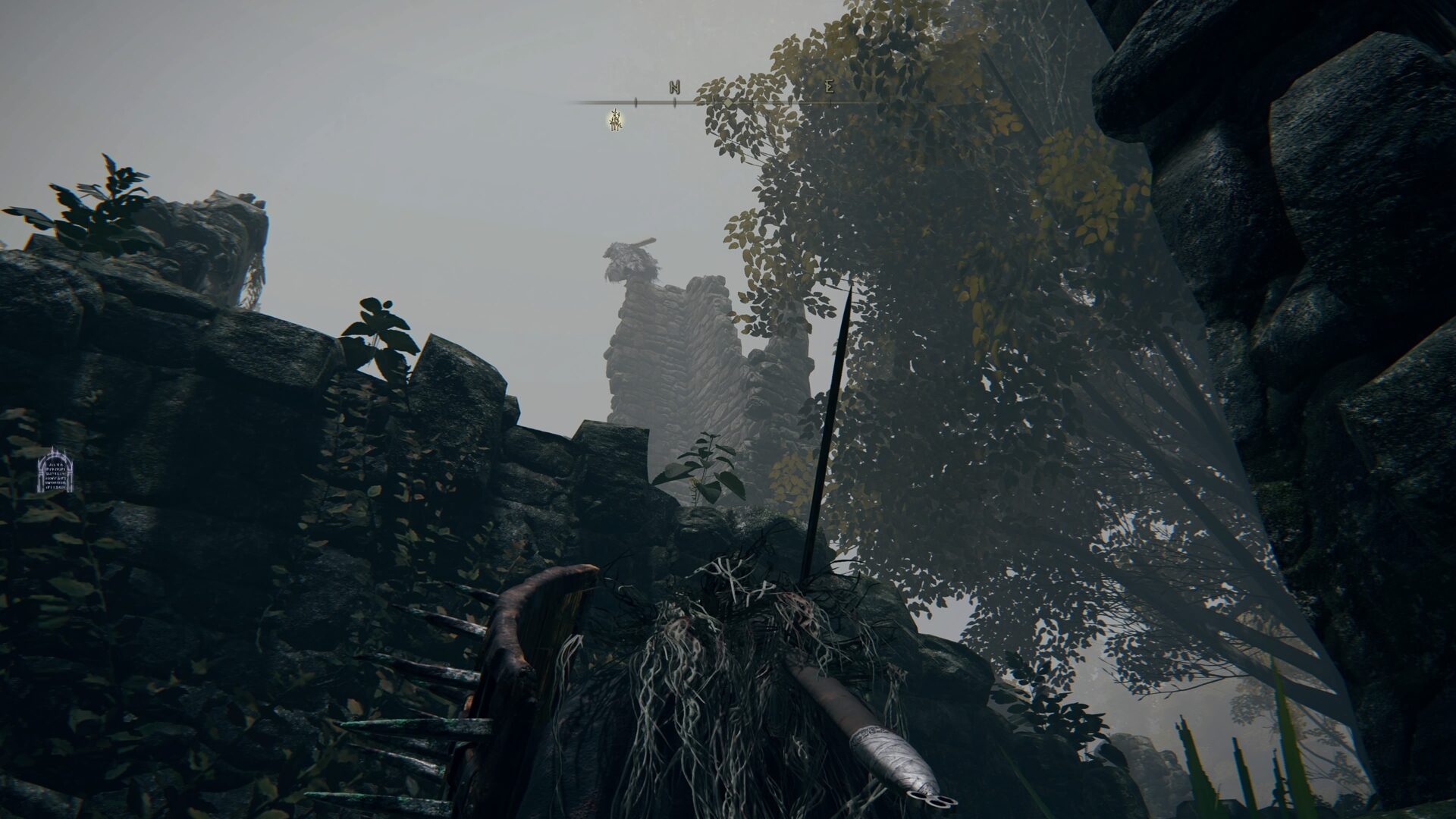 Blaidd, der Halbwolf sitzt in Elden Ring auf einem Turm in den Ruinen des Nebelwaldes.
