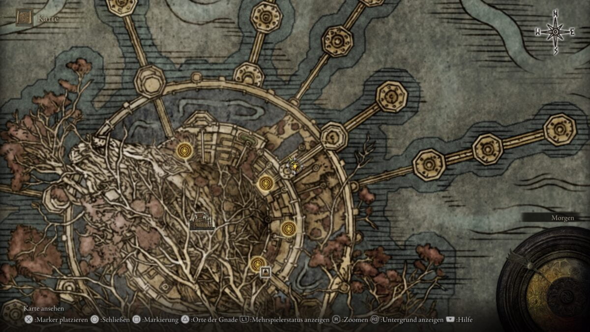 Der Fundort des legendären Talismans Drachengroßschildtalisman in Elden Ring auf der Karte. 