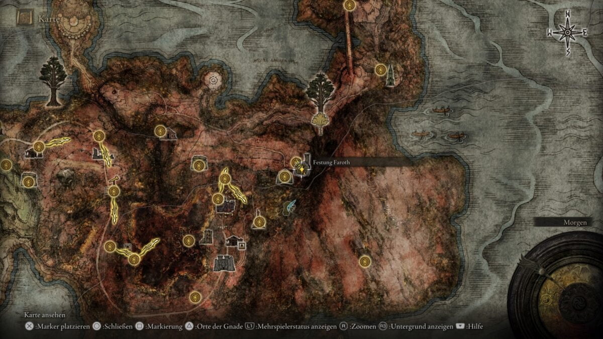 Der Fundort des legendäre Talismans "Radagons Wundsiegel" auf der Karte von Elden Ring.