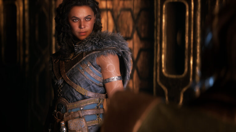 A fierce-looking female warrior in a fantasy setting.