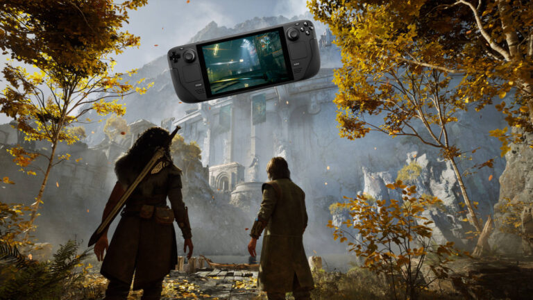 Two warriors stand in a forest clearing, gazing up at a ruin on which a giant Steam Deck lies.