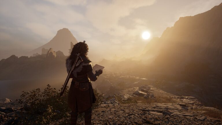 A woman stands with a sword on her back in front of a sunrise.