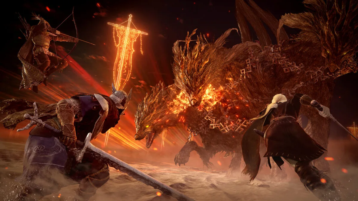 Diese dramatische Kampfszene aus einem Fantasy-Rollenspiel zeigt einen epischen Showdown zwischen mehreren Kriegern und einem feurigen Drachen in einer düsteren, von Glut erhellten Umgebung.