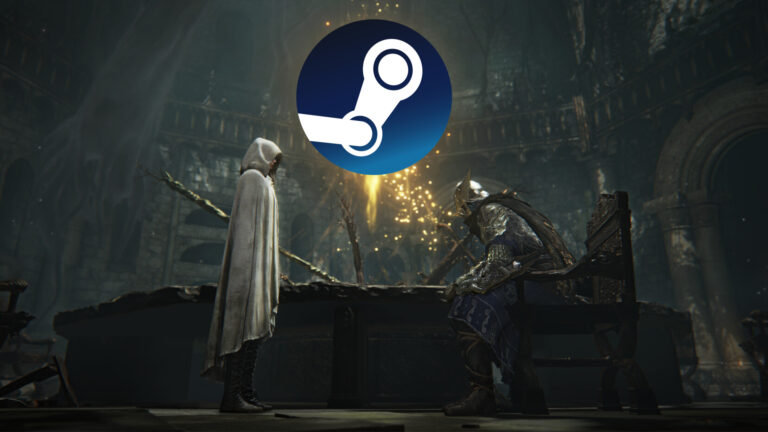Eine Spielszene aus Elden Ring Nightreign zeigt eine Frau mit weißer Kaputze und einen Ritter, der vor ihr auf einem Stuhl sitzt. In der Mitte prangt ein Steam-Logo.