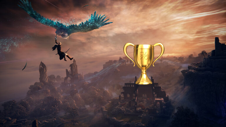 Eine Frau hält sich an einem magischen Vogel fest, um eine goldene Trophäe in Elden Ring Nightreign zu erreichen.