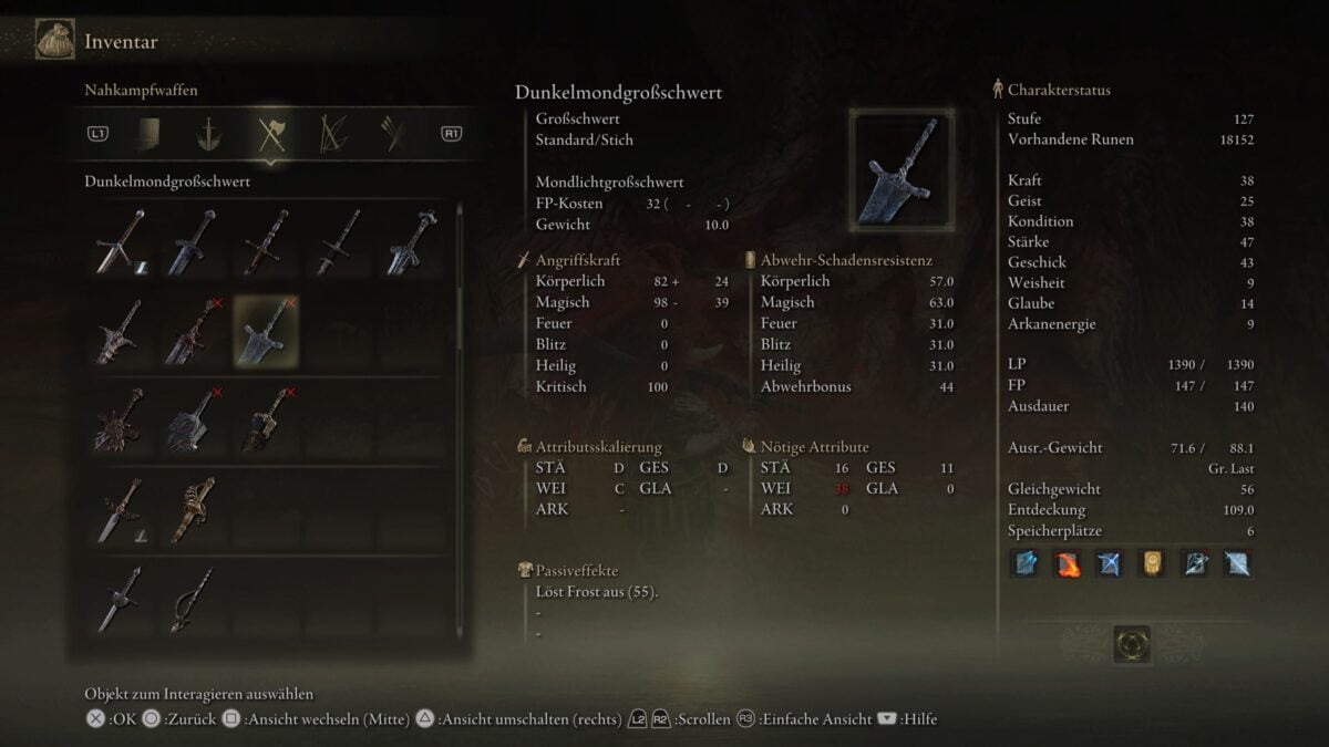 Die legendäre Waffe "Dunkelmondgroßschwert" ist eine der Belohnungen für Rannis Quest ist Elden Ring.