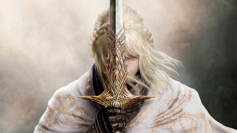 A woman with white hair holds a sword in front of her face.