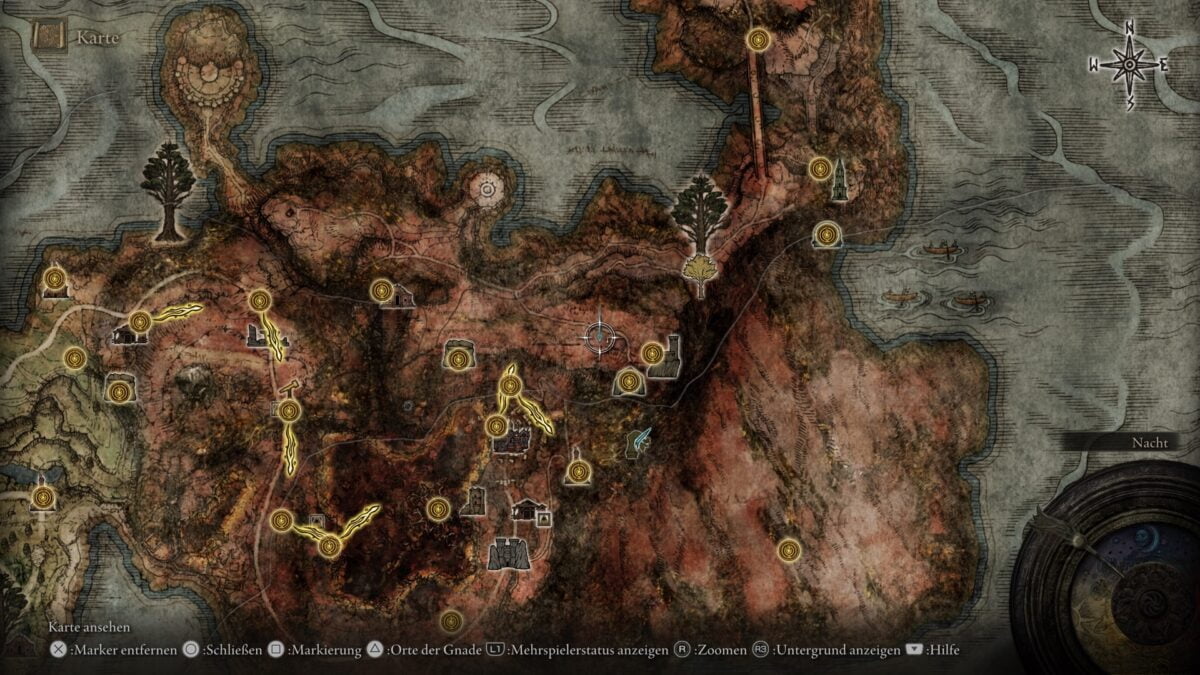 Der Fundort der legendären Anrufung "Greyolls Brüllen" auf der Karte von Elden Ring.