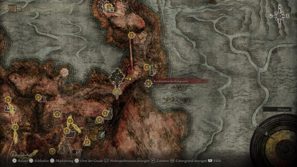Der Fundort der legendären Asche des Rotmähnenritters Ogha auf der Karte von Elden Ring.