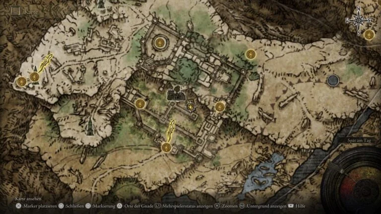 Der Fundort der legendären Waffe Schwert der Nacht und der Flamme auf der Karte von Elden Ring.