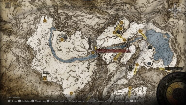 Der Fundort der legendären Waffe "Großschwert der Goldenen Ordnung" auf der Karte von Elden Ring.