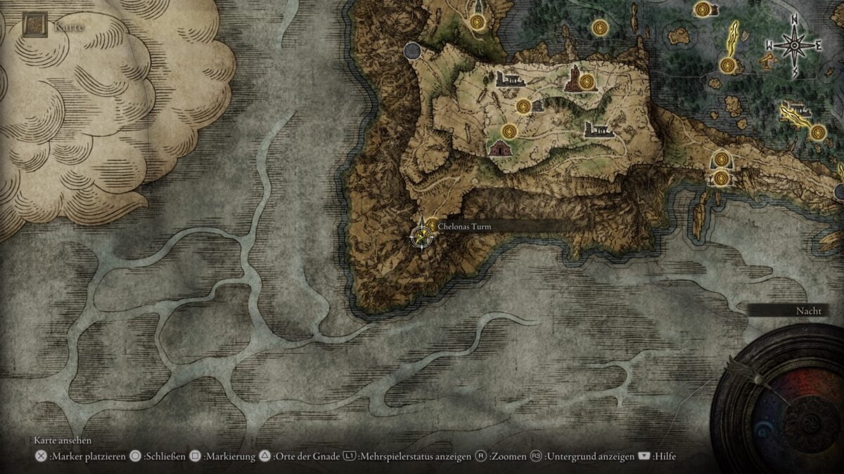 Der Fundort der legendären Zauberei "Rannis dunkler Mond" auf der Karte von Elden Ring. 