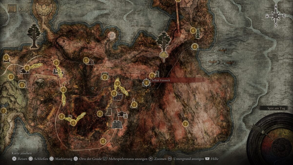 Der Fundort der legendären Zauberei "Sterne des Ruins" auf der Karte von Elden Ring.