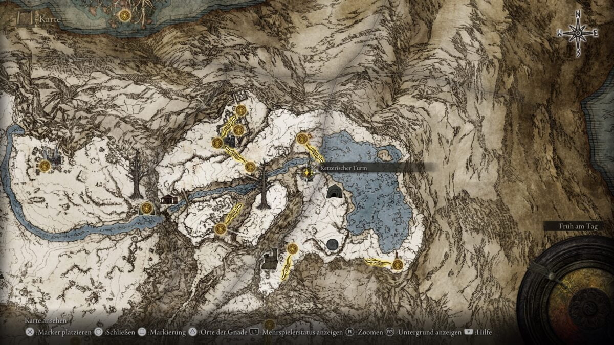 Der Fundort der legendären Zauberei "Ursternregen" auf der Karte von Elden Ring.