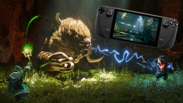 A scene from Enshrouded shows two mages battling a lion-like beast, with a Steam Deck pictured alongside.