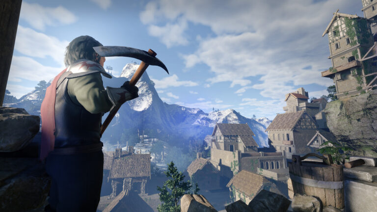 A man with a pickaxe stands on a hill, overlooking a village.
