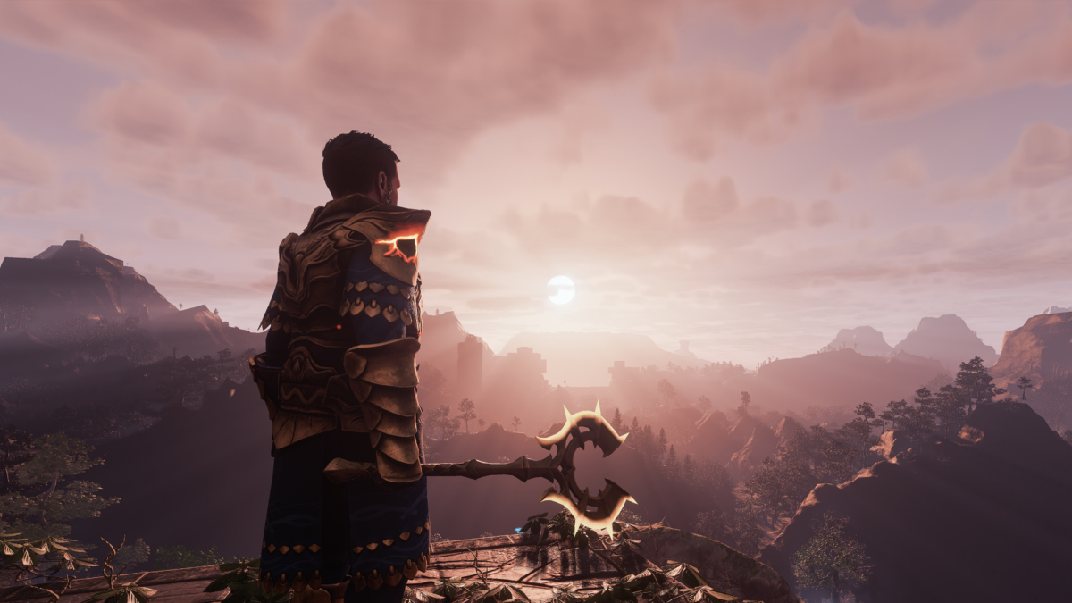 Ein Mann in Rüstung blickt im Survival-Spiel Enshrouded über die Berge in die Ferne.
