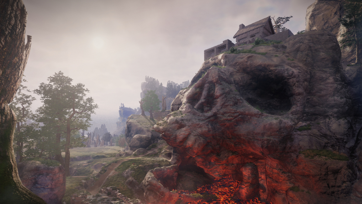 Ein Felsen in Totenkopfform in der Spielwelt des Survival-Spiels Enshrouded.