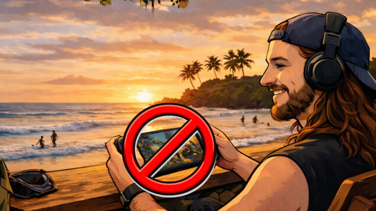 Mann mit Headset am Strand bei Sonnenuntergang hält Handheld-Konsole – Verbotssymbol steht für Digital Detox statt Gaming im Urlaub.