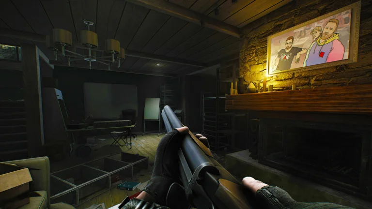 Eine Double-Barrel Schrotflinte wird in einem Gebäude auf der Karte Lighthouse in Escape from Tarkov inspiziert. Unheard Edition Titelbild