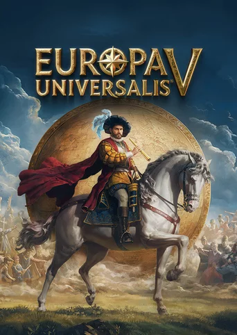 Cover art of Europa Universalis V featuring a rider in golden armor in front of a massive golden globe, with a battle scene unfolding in the background.