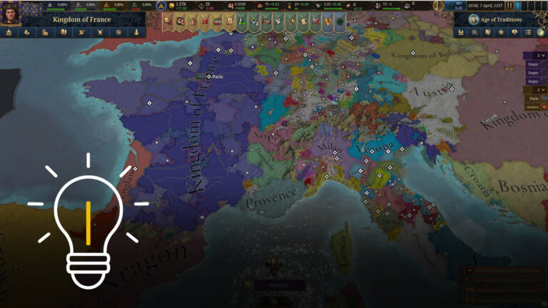 Strategic map from Europa Universalis V showing medieval Europe. The Kingdom of France is highlighted, with numerous smaller realms and principalities such as Aragon, Savoy, and Bohemia visible. Political and economic indicators are displayed at the top.