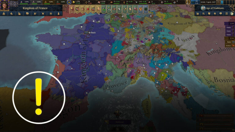 Strategiekarte aus Europa Universalis V, die das mittelalterliche Europa zeigt. Das Königreich Frankreich ist hervorgehoben, während zahlreiche kleinere Reiche und Fürstentümer wie Aragon, Savoyen und Böhmen sichtbar sind. Oben werden politische und wirtschaftliche Werte angezeigt.