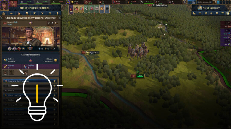 Spielszene aus Europa Universalis V, die die Minor Tribe of Yamasee zeigt. Links ist das Charaktermenü des Häuptlings Opaymico zu sehen, rechts eine bewaldete Landschaft mit einer Reitereinheit in der Nähe der Siedlung Ogeechee.