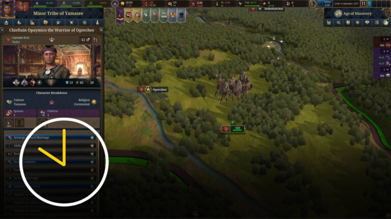 Spielszene aus Europa Universalis V, die die Minor Tribe of Yamasee zeigt. Links ist das Charaktermenü des Häuptlings Opaymico zu sehen, rechts eine bewaldete Landschaft mit einer Reitereinheit in der Nähe der Siedlung Ogeechee.