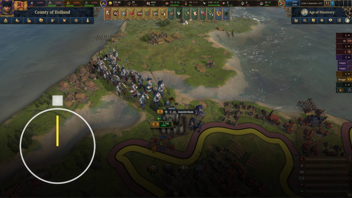 Gameplay scene from Europa Universalis V showing the County of Holland. An army is marching along the coast near Amsterdam, with villages, rivers, and the sea visible in the background. In the lower left corner, a lightbulb icon appears on screen, indicating a tip or hint.