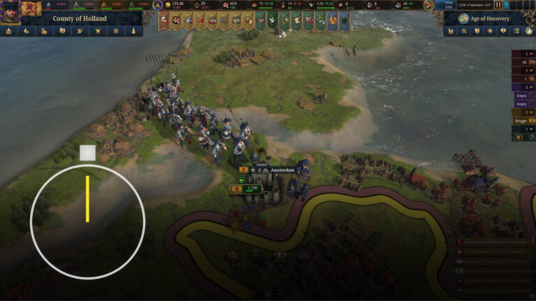 Gameplay scene from Europa Universalis V showing the County of Holland. An army is marching along the coast near Amsterdam, with villages, rivers, and the sea visible in the background. In the lower left corner, a lightbulb icon appears on screen, indicating a tip or hint.