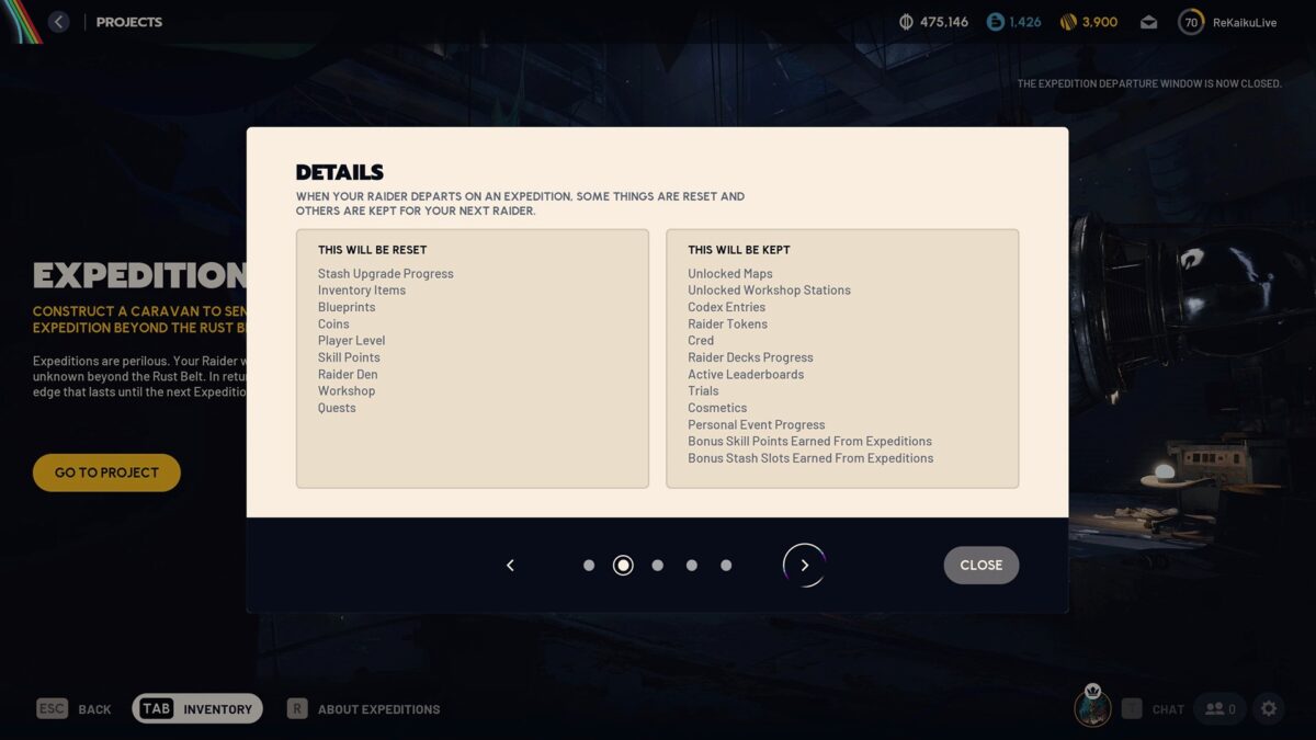 Expedition details in a video game: list of progress that resets and progress that carries over, including inventory, maps, tokens, and event bonuses.