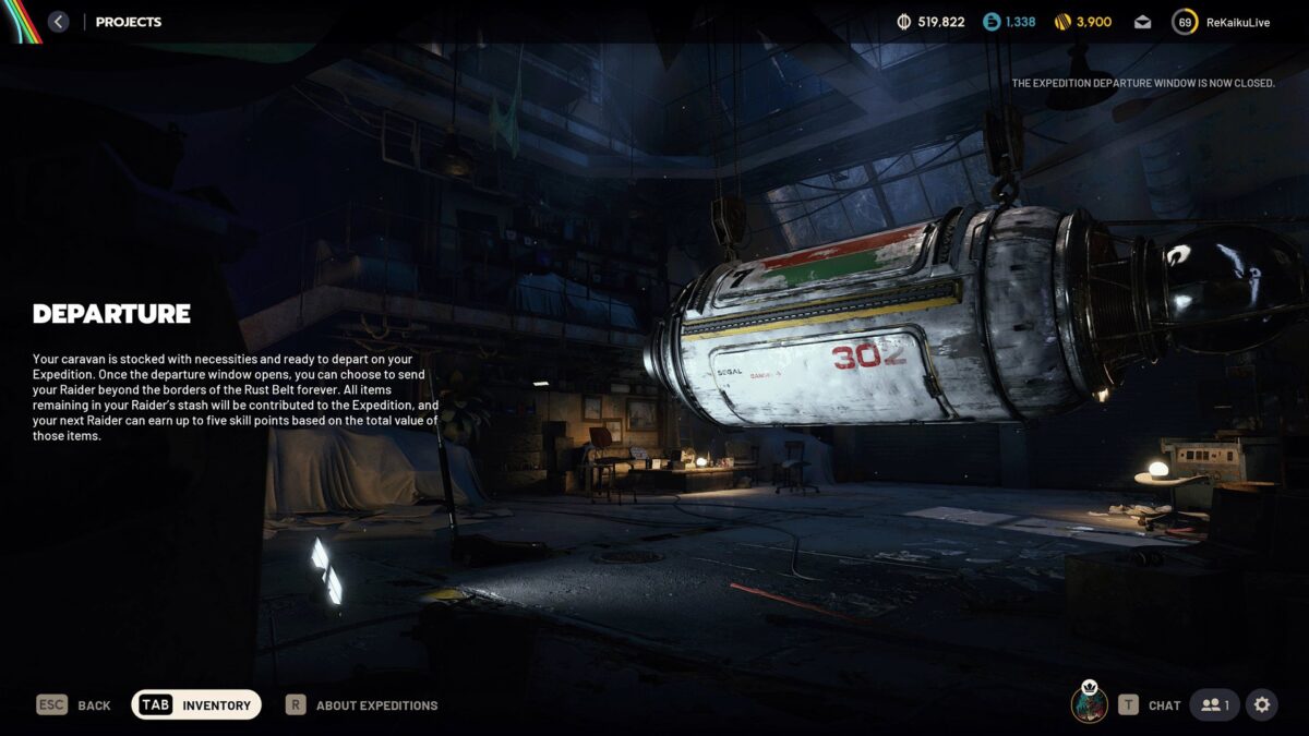 Departure menu in Arc Raiders with the large Expedition pod in a dim workshop; departure text on the left, in-game resources and UI visible at the top.