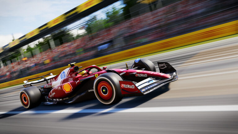 Ein rotes F1-Auto auf einer Rennstrecke.