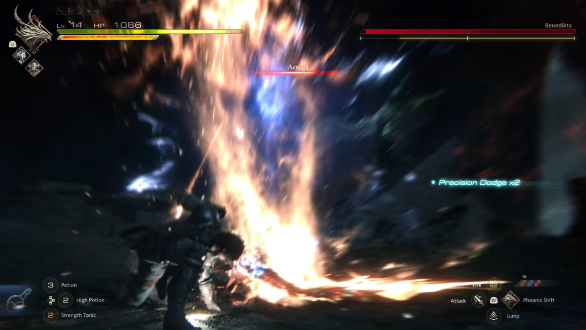 Clive kontert in Final Fantasy 16 einem Monster, was zu einer feurigen Explosion führt.
