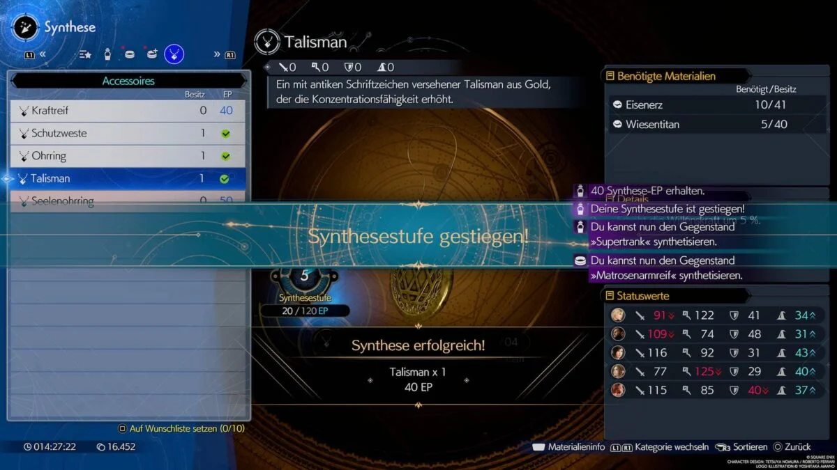 Je öfter ihr craftet, desto mehr Items könnt ihr herstellen. Ab Synthesestufe 5 zum Beispiel auch den Supertrank und den Matronenarmreif. © Square Enix