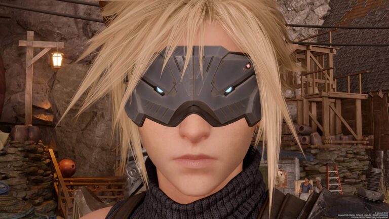 Cloud Strife aus Final Fantasy VII Rebirth steht auf futuristische VR-Brillen. © Square Enix