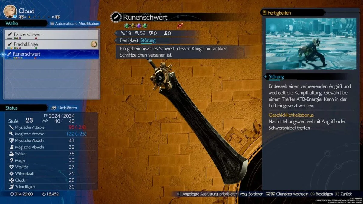Der kleine blaue, unscheinbare Balken unter der Waffenfertigkeit zeigt an, zu welchem Grad ihr die Waffe bereits gemeistert habt. © Square Enix