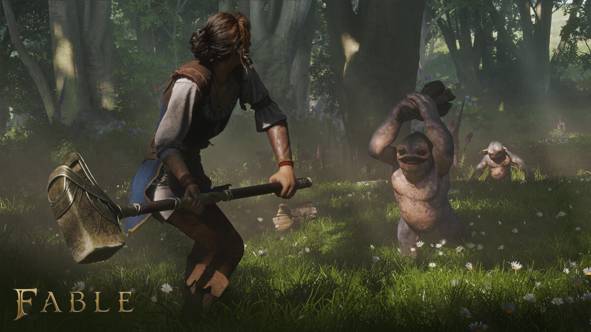Fable Gameplay-Szene: Heldin greift mit großem Hammer kleine Fantasy-Kreaturen im Wald an – humorvolles Action-RPG