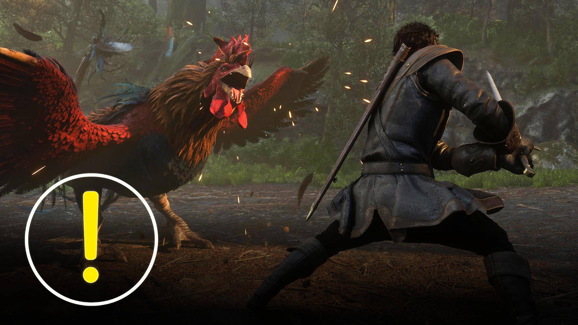 Fable Gameplay: Held kämpft im Wald mit Schwert gegen riesigen Kampf-Hahn – actionreiche Szene aus dem neuen Fable-RPG