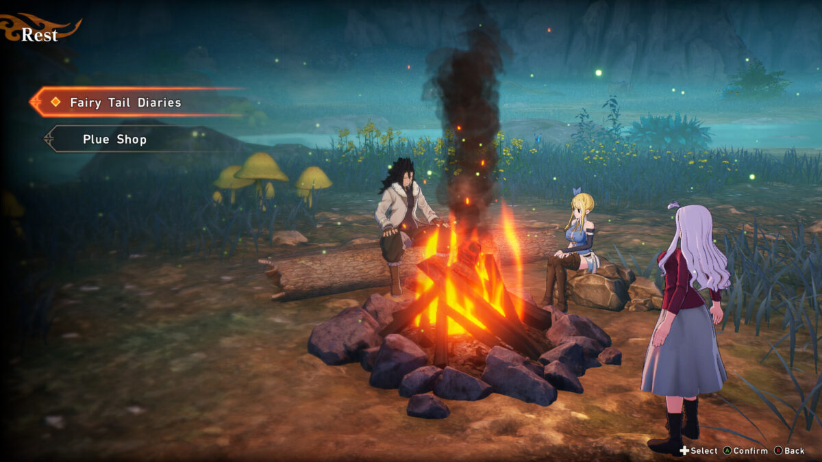 Gajeel, Lucy und Mirajane am Lagerfeuer