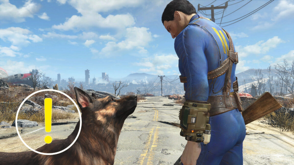 A man in a blue suit is standing next to a German shepherd.